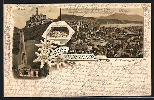 Lithographie Luzern, Totalansicht, Gütsch
