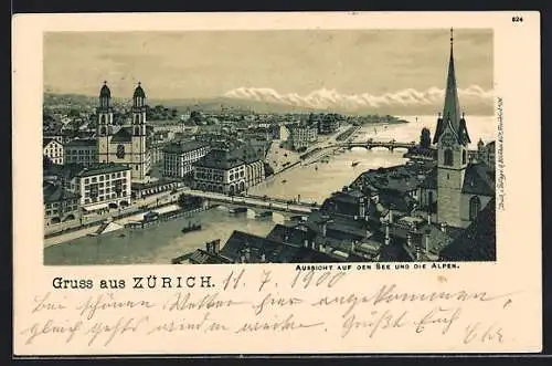 Lithographie Zürich, Aussicht auf See und Alpen