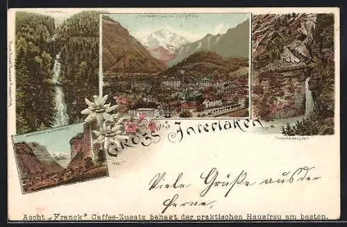 Lithographie Interlaken, Giessbach, Ortsansicht mit der Jungfrau, Trimmelbachfall