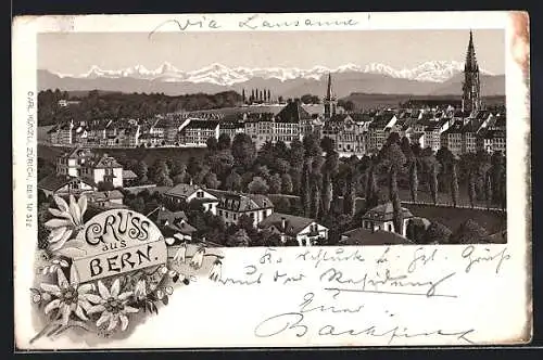Lithographie Bern, Stadtansicht aus der Vogelschau