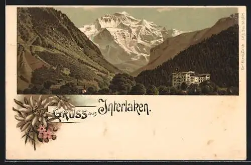 Lithographie Interlaken, Panorama mit Hotel