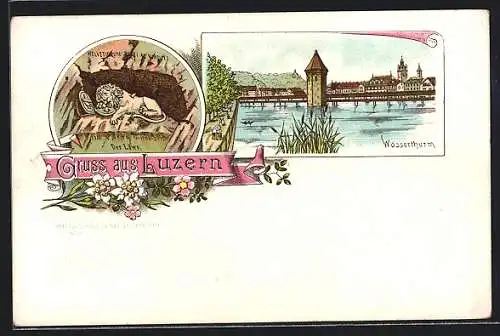 Lithographie Luzern, Wasserturm und Luzerner Löwe