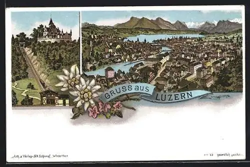 Lithographie Luzern, Totalansicht mit Bergpanorama, Bergbahn