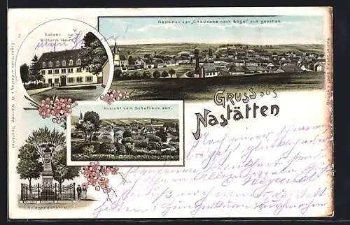 Lithographie Nastätten, Ortsansicht von Chaussee nach Bogel aus, Ortsansicht vom Schulhaus aus, Kaiser Wilhelm Heim