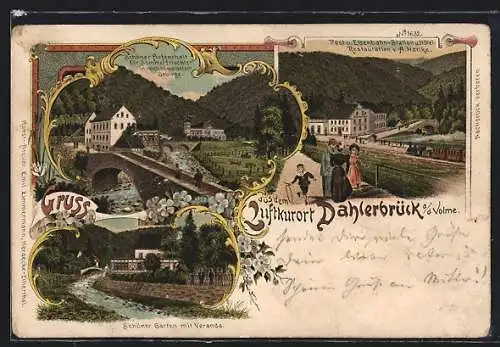 Lithographie Dahlerbrück a. d. Volme, Ortspartie mit Brücke, Blick auf Bahnhof und Restauration von A. Henke