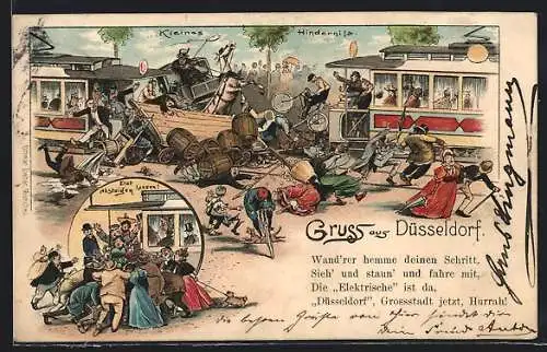 Lithographie Düsseldorf, Zusammenstoss von Strassenbahn und Pferdekarren