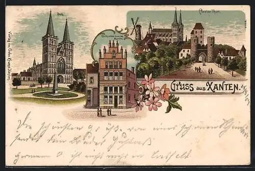 Lithographie Xanten, Gothisches Haus am Markte, Klever Tor, Dom