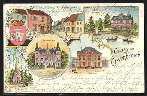 Lithographie Grevenbroich, Kölnerstrasse, Villa Erckens, Kreis-Stände-Haus, Rathaus & Kriegerdenkmal