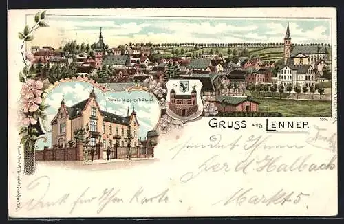 Lithographie Lennep, Kreistagsgebäude, Teilansicht der Ortschaft