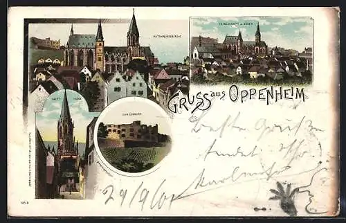 Lithographie Oppenheim, Landskrone, Hauptthurm, Katharinenkirche