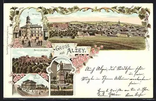 Lithographie Alzey, Bahnhof mit Eisenbahn, Rathaus, Burgruine Alzey, Kriegerdenkmal