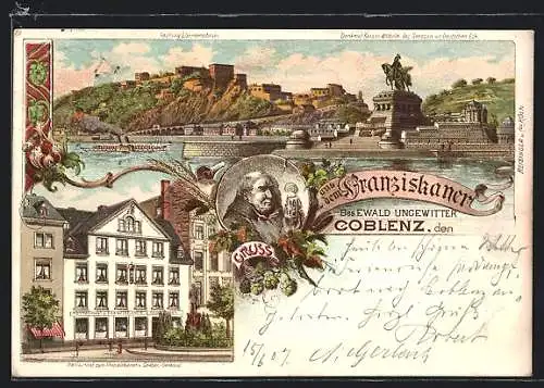 Lithographie Coblenz, Restaurant zum Franziskaner, Deutsches Eck und Ehrenbreitstein
