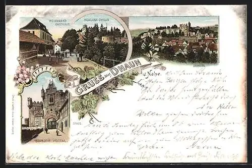 Lithographie Dhaun a. d. Nahe, Gasthaus Weinmann & Schloss Dhaun, Schloss Portal, Teilansicht