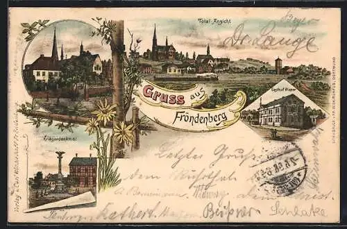 Lithographie Fröndenberg, Kriegerdenkmal, Gasthof Pieper