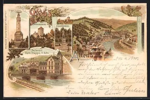 Lithographie Altena, Ortsansicht, Krieger-Denkmal, Schlossberg, Bismarck-Denkmal, Restaurant, Bes. Herm. Trappe, H. Sohn