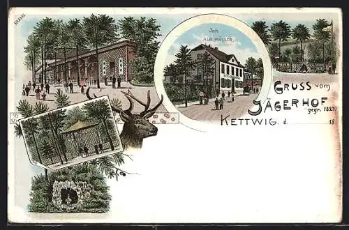 Lithographie Kettwig, Gasthaus Jägerhof, verschiedene Ansichten