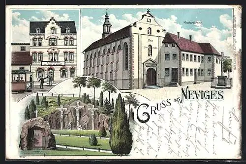 Lithographie Neviges, Gasthaus von Carl Leimklef, Klosterkirche, Ortspartie mit Jesuskreuzen