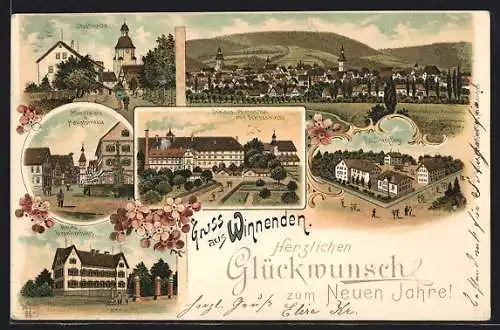Lithographie Winnenden, Stadtkirche, Marktplatz und Hauptstrasse, Schloss Winnenthal und Schlosskirche