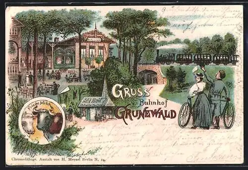 Lithographie Berlin-Grunewald, Gasthaus Grunewald und Bahnhof