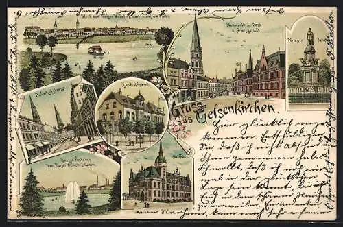 Lithographie Gelsenkirchen, Neumarkt, Postamt, Bahnhofstrasse