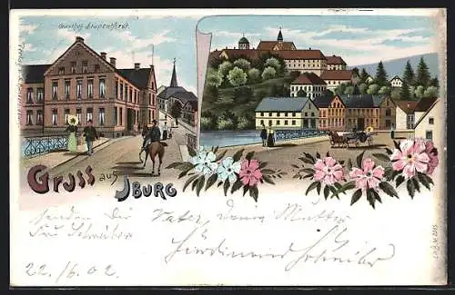 Lithographie Bad Iburg, Gasthof Stapenhorst, Strassenansicht mit Pferdekutsche