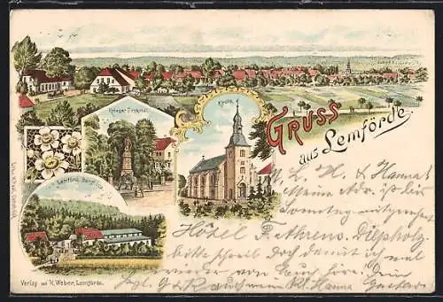 Lithographie Lemförde, Bahnhof, Krieger-Denkmal, Kirche, Ortsansicht