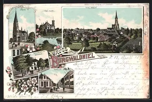 Lithographie Burgwaldniel, Totalansicht, Haus Klee, Kirche, Kapellen Strasse