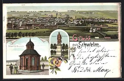 Lithographie Schwelm, Teilansicht, Schwelmer Brunnen, Kaiser-Denkmal