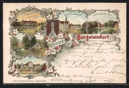 Lithographie Burgsteinfurt, Schloss, Marktplatz mit Kaiserdenkmal