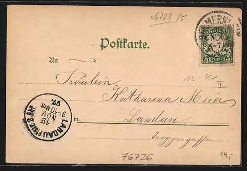 Lithographie Germersheim a. Rh., Wappen, Kriegerdenkmal und Kommandantur, Friseur A. Weber