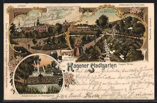 Lithographie Hagen i. W., Restaurant im Hagener Stadtgarten mit Schwanenteich