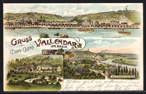 Lithographie Vallendar, Panorama, Monte Casino und Rhein-Partie
