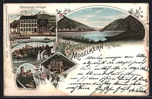 Lithographie Moselkern a. d. Mosel, Hotel Geschw. Heidger, Ruine Pyrmont mit Wasserfall, Burg Eltz