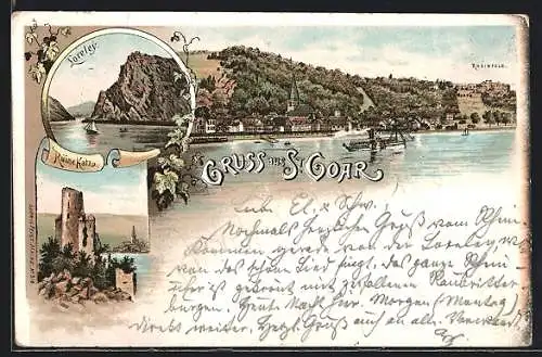 Lithographie St. Goar, Ortsansicht vom Rhein aus gesehen, Ruine Katz und Loreley