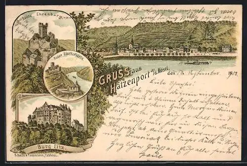 Lithographie Hatzenport, Ortsansicht über die Mosel, Burg Eltz, Ruinen Ehrenburg und Bischofstein
