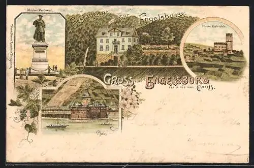 Lithographie Kaub, Restaurant zur Engelsburg, Ruine Gutenfels, Blücher-Denkmal