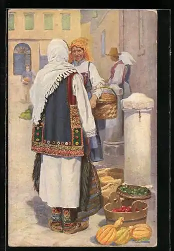 Künstler-AK Zara /Dalmazia, Zwei Frauen in Tracht auf dem Markt