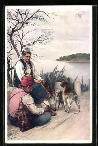 AK Ragusa, Altes Ehepaar in kroatischen Trachten auf einem Feldweg