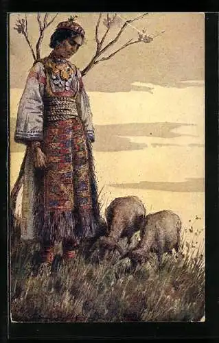 AK Dalmatien, Junge Schäferin in Tracht