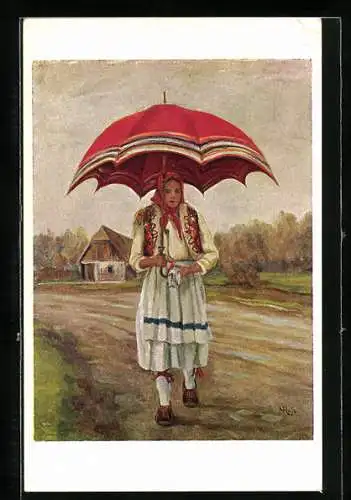 AK Kroatische Frau in Nationaltracht mit Schirm