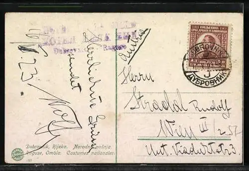 AK Dubrovnik, Boot mit Menschen in landestypischer Tracht