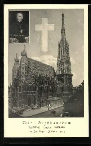 AK Wien, Stephansdom mit Kardinal-Portrait