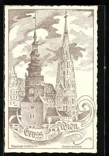 Künstler-AK Wien, Troppauer Stadtturm und Stephanskirche