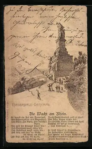 Künstler-AK Rüdesheim, Besucher vor dem Niederwald-Denkmal