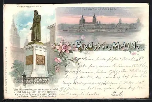Lithographie Mainz, Gutenbergdenkmal, Stadt von Castel gesehen