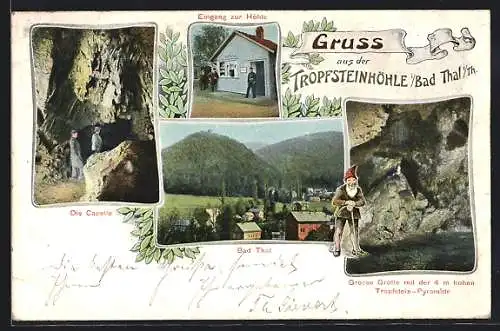 Lithographie Bad Thal, Tropfsteinhöhle, Eingang, Capelle, Zwerg, 4 Ansichten, Pflanzenverzierung