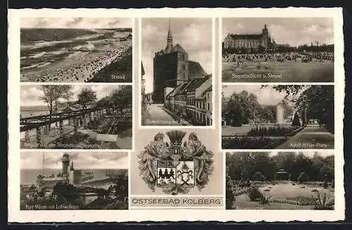 AK Kolberg, Domstrasse mit Dom, Fort Münde mit Lotsenhaus, Pergola auf der Strandschlossplatte