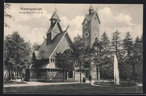 AK Krummhübel, Kirche Wang, Platzansicht mit Springbrunnen