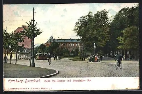 AK Hamburg-Barmbeck, Ecke Steilshoper und Bramfelder Str. mit Strassenbahnen
