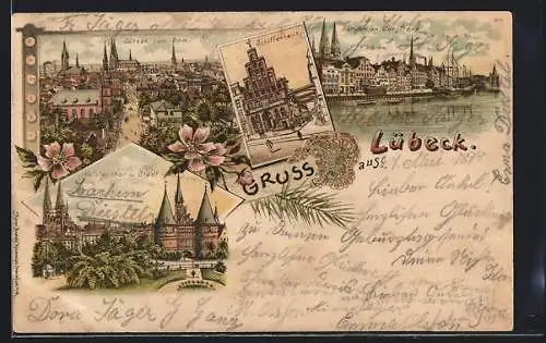 Lithographie Lübeck, Schifferhaus, Hafen der Trave, Holstenthor